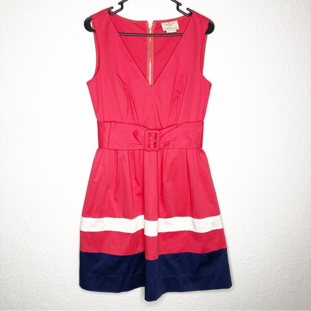 Kate Spade pink white navy bow belt sleeveless fit‎ & flare dress size 8